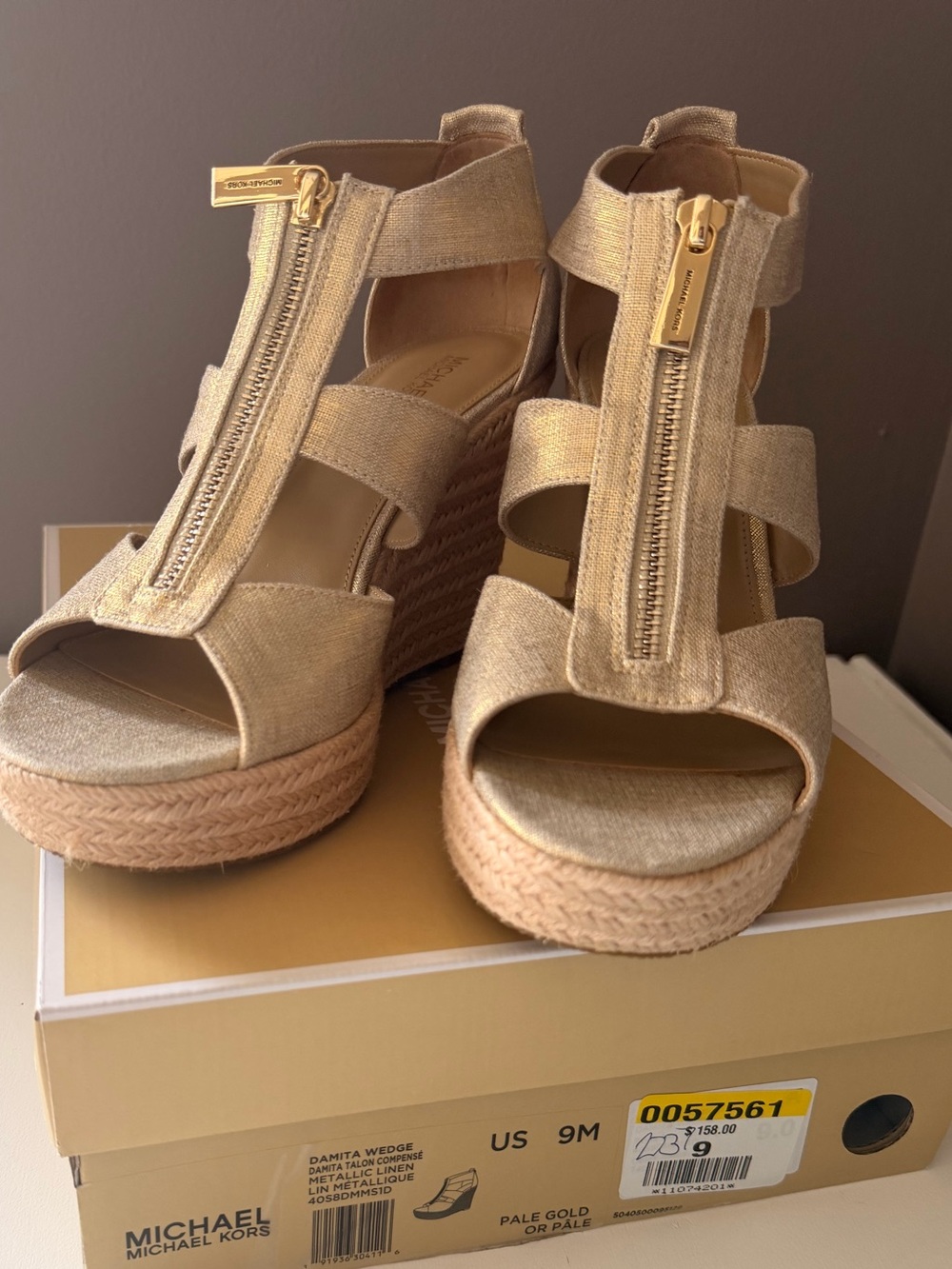 Michael Kors Pale Gold Strappy Wedge Sandal with front Zipper